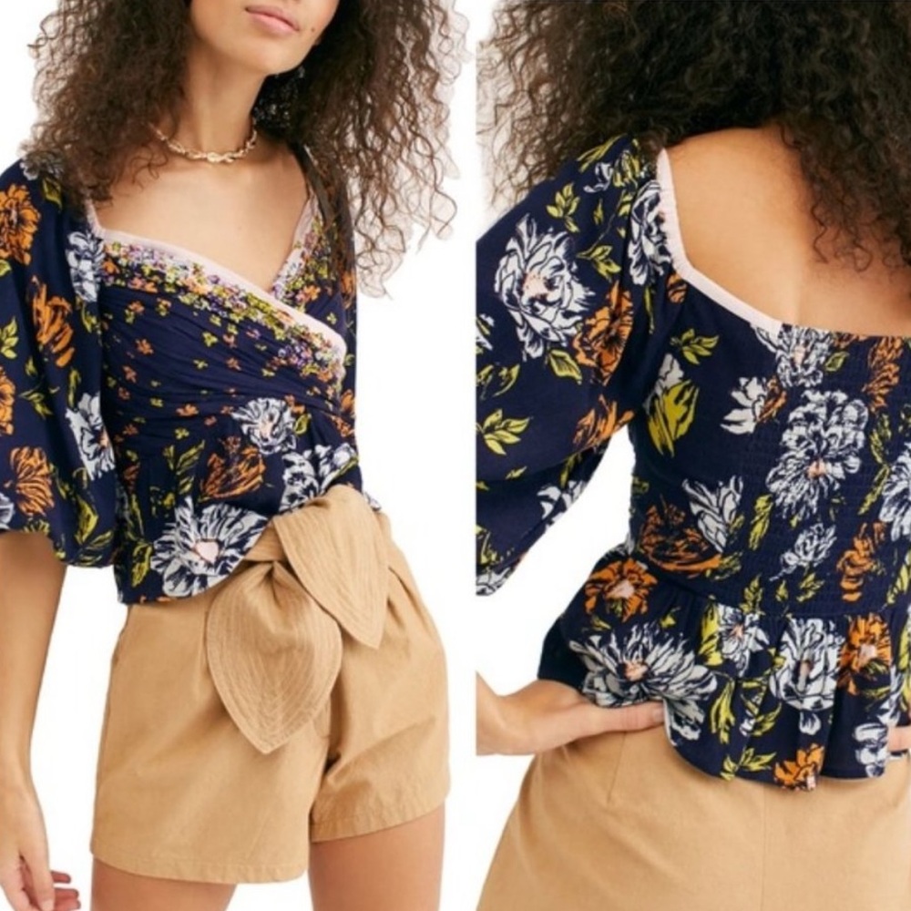 Free People Mirabella Floral Faux Wrap Smocked Puff Sleeve Blouse